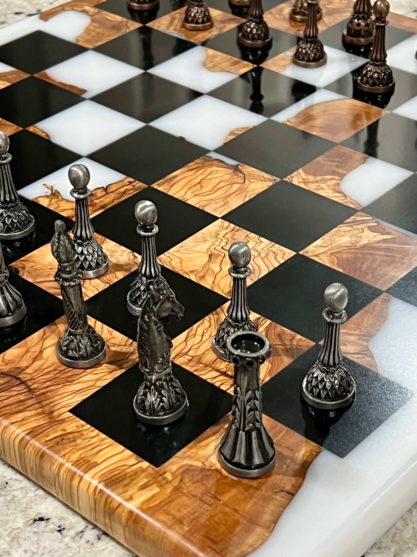 Tournament Size Olive Wood and Epoxy Chessboard