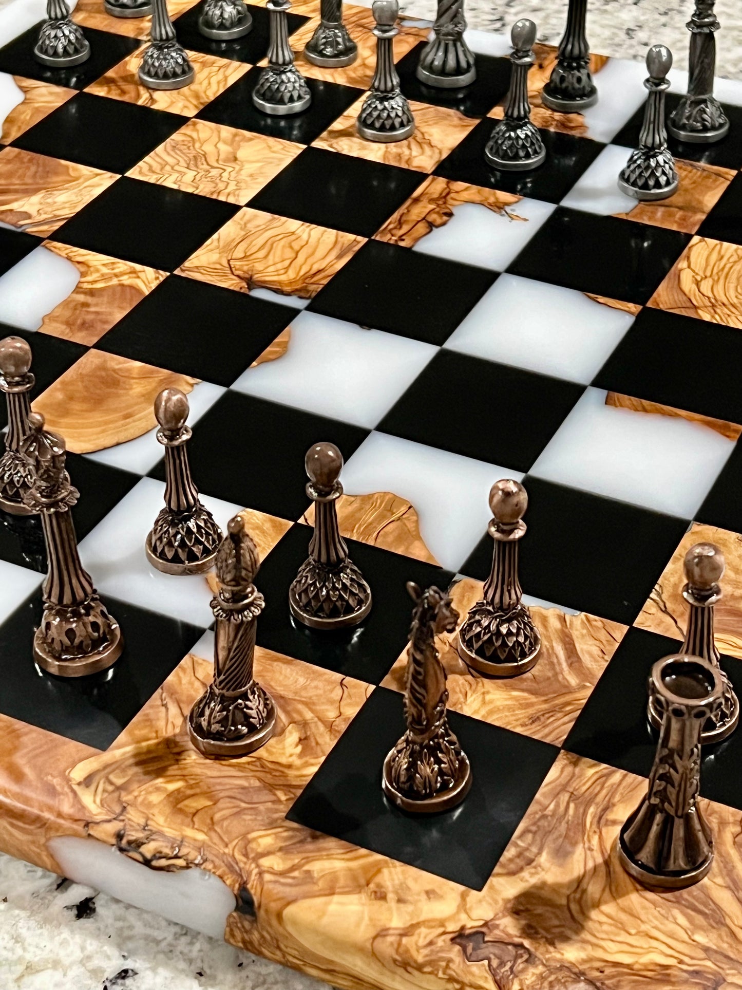 Tournament Size Olive Wood and Epoxy Chessboard