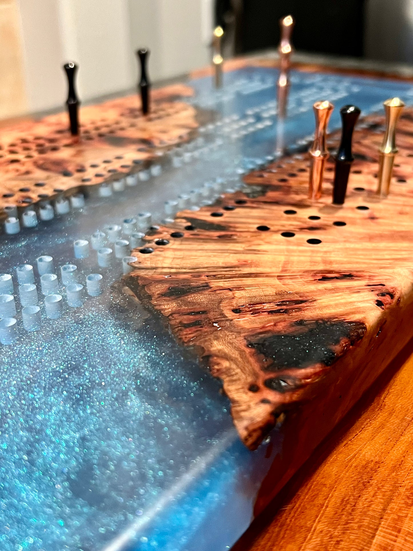 Madrona Burl and Epoxy Cribbage Board