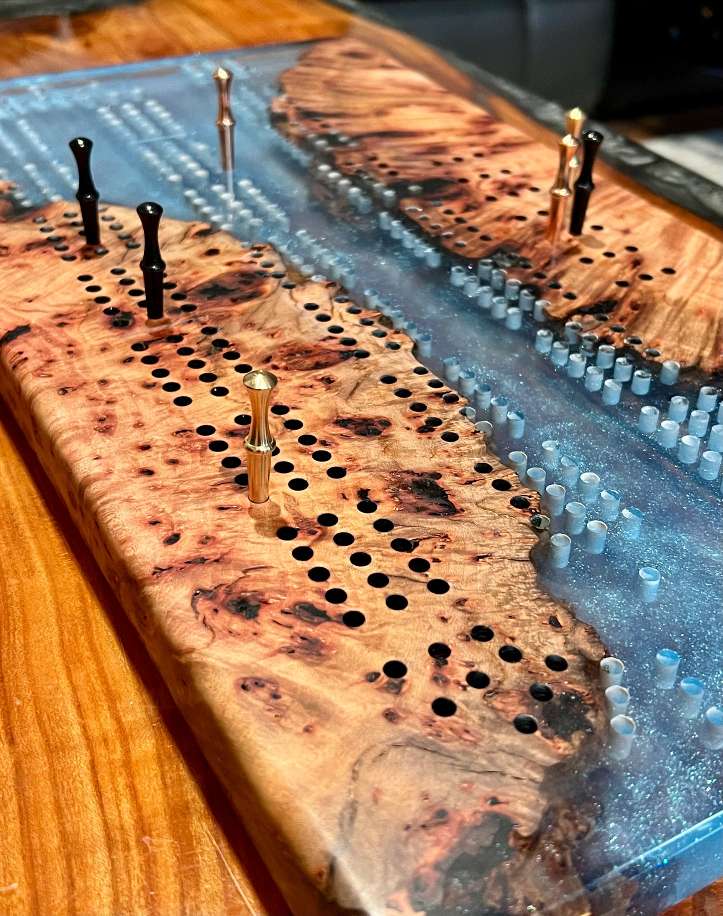 Madrona Burl and Epoxy Cribbage Board