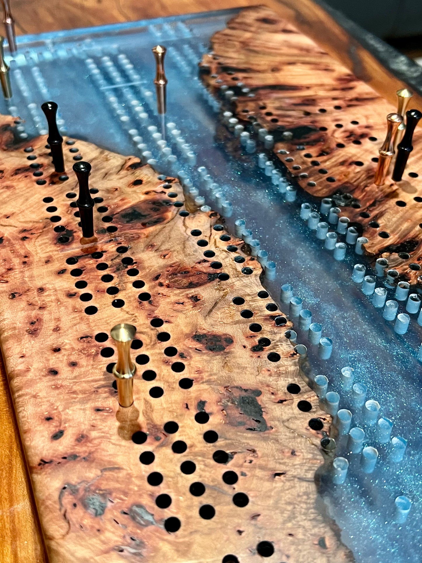 Madrona Burl and Epoxy Cribbage Board